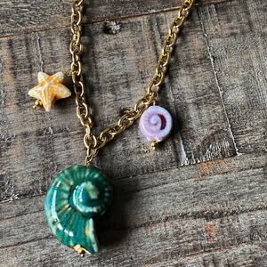 NEW Ceramic Nautilus Shell Gold Link Charm Necklace